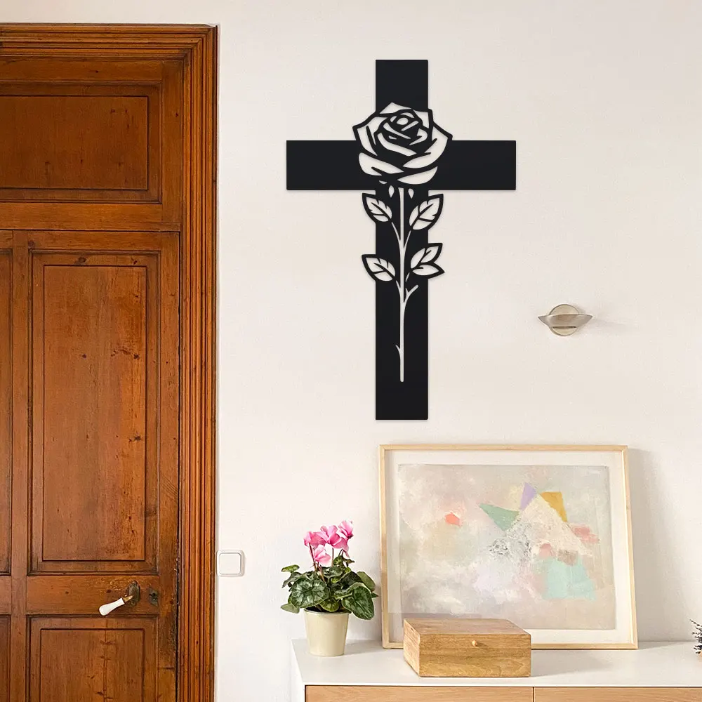 Home Office Minimalist - Elegant Floral Cross 1pc Metal Wall