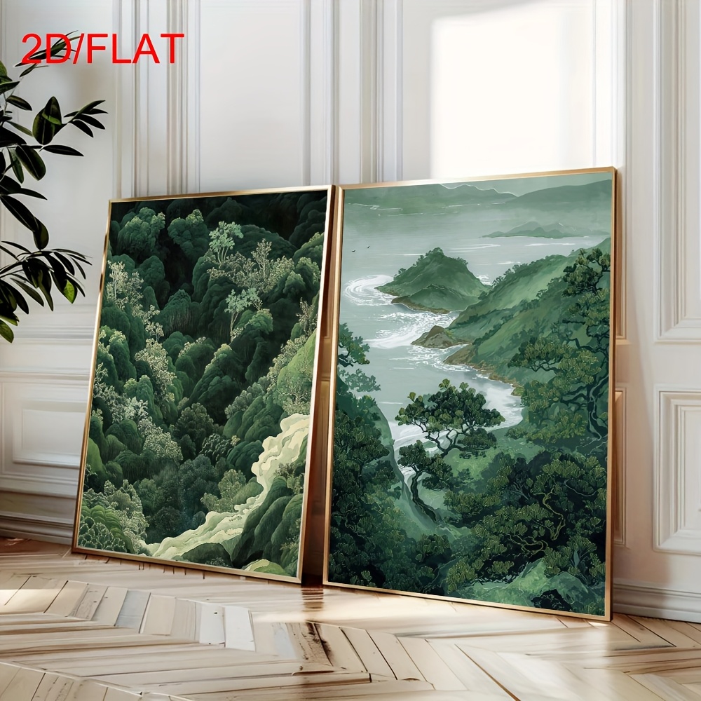 Home Office Minimalist - 2pcs Modern Green Forest Mountain Canvas